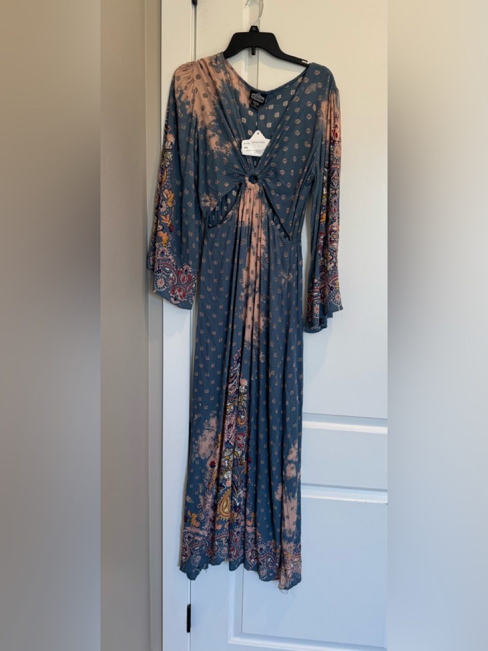 Angie Teal Paisley Tie-Front Maxi Dress with Blush Panels